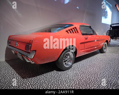 Ford Mustang fastback 1965 at the V&A Exhibition 'Cars Accelerating the Modern World. Stock Photo