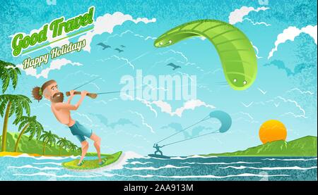 Beard man ride on kiteboard beside island. Bright illustration in flat cartoon style Stock Vector
