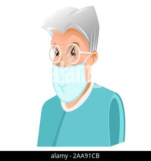 Flat icon of doctor or dentist man with spectacles and surgical mask isolated on white Stock Vector