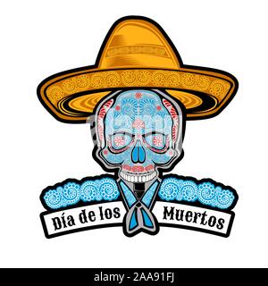 Male skull front view with mexican hat and pattern on face symbol of Dia de los Muertos holiday. Color illustration isolated on white Stock Vector
