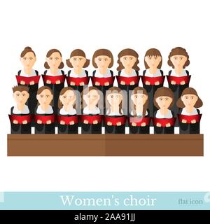 Flat style Women's choir in two raws with black suits and red cover notes isolated on white Stock Vector