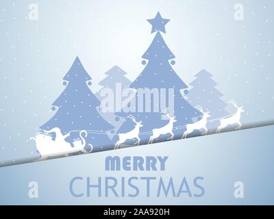 Merry Christmas. Santa Claus in a sleigh with reindeer. Greeting card with winter landscape design. Paper cut style. Snowfall, Christmas trees on the Stock Vector
