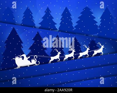 Santa Claus in a sleigh with reindeer. Night winter landscape with Christmas trees and snowfall. Paper cut style. Vector illustration Stock Vector
