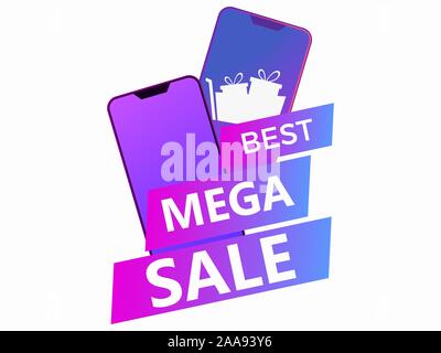 Mega sale of smartphones. Cyber sale banner, design template isolated on white background. Sticker with a gradient. Vector illustration Stock Vector