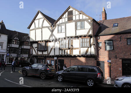 Traditional timber-framed property, viewed here whilst on location in the town of Shrewsbury in Shropshire, England. Stock Photo