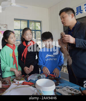 (191120) -- CHANGSHA, Nov. 20, 2019 (Xinhua) -- Art teacher Zhang Kun teaches students the making skills of handicrafts during an art lesson at Xuqiao Primary School in Xuxing Village of Tianxin District in Changsha, central China's Hunan Province, Nov. 19, 2019. The school in this year started to teach students to make handicrafts at art lessons by using natural materials such as tree branch and pine cone to help them discover the nature. (Xinhua/Chen Zhenhai) Stock Photo