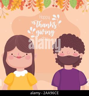 happy thanksgiving day couple fall leaves celebration vector illustration Stock Vector