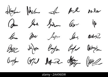 Unreadable handwriting font signature text on white background Stock Vector