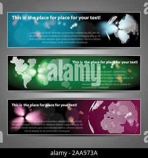 Earth Globe, Word Map - Set of Three Colorful Horizontal Headers or Banners with Abstract Design for Web - Template Illustration in Vector Format Stock Vector