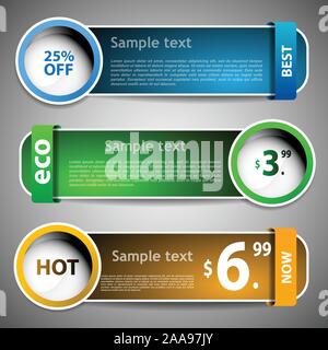 Set of Three Colorful Bright Horizontal Paper Cut Out Headers or Banners with Abstract Creative Design, Round Price Tag, Vector  for Web - Template Stock Vector