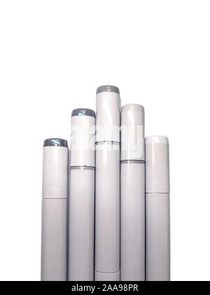 Seattle, WA / USA - October 25th, 2019: Close up of grayscale Copic refillable ink markers on a white background, flat lay Stock Photo