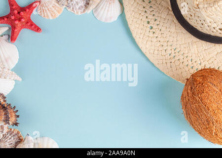 Coconut, starfish, shells, straw hat and bottle with sand on blue ...