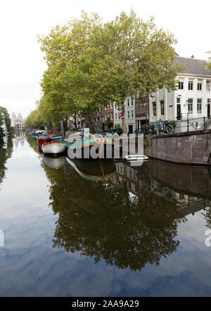 A view looking down the Lunbaansgracht Canal, towards the twin-towers of the Rijksmuseum  in the distance, Amsterdam, Holland Stock Photo