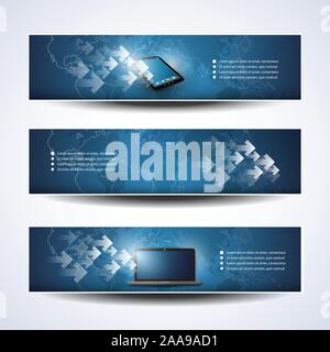 Set of Blue Horizontal Headers or Banners with World Map and Mobile Computing Devices - Design Template for Business or Technology, Vector Stock Vector