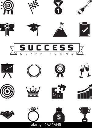 Collection of success concept icons vector illustration like awards, champagne, upward graphs and solved puzzles. Black vector symbols. Stock Vector