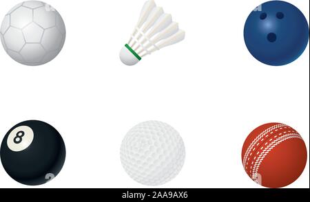 Set of six sports balls for handball, badminton, bowling, pool billiard, golf and cricket vector illustration Stock Vector