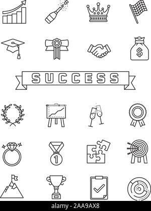 Collection of success concept line icons like awards, champagne, target and mortarboard. Outline vector symbols illustration. Stock Vector