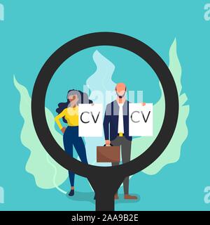 Concept of hiring new employees, big magnifying glass over female and male candidates holding their resume. Flat style stock vector illustration Stock Vector