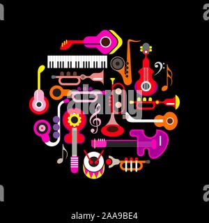 Colorful flat icons isolated on a black background Musical Instruments round shape vector design. Stock Vector
