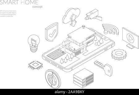 Smart home concept line art vector illustration with upscale house on smartphone surrounded by technology components symbols. Stock Vector