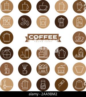 Coffee vector round icons set in brown tones. Collection of symbols related to coffee preparation and drinking. Global colors. Stock Vector