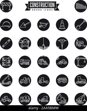 Industrial construction machinery and tools round icon vector collection with line art symbols Stock Vector