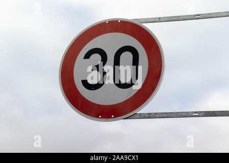 German round, red 30 km/h traffic sign Stock Photo