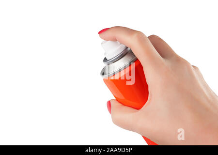 Red spray can isolated on white background on woman hand, Aerosol Spray Can, Metal Bottle Paint Can Realistic photo image. With clipping path Stock Photo