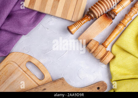 Frame from wood boards, fabric and rural kitchen utensils Stock Photo