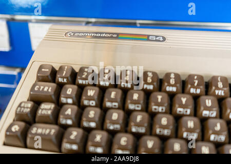 A close up of the keyboard on a commodore 64 computer from the 1980's Stock Photo