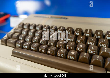 A close up of the keyboard on a commodore 64 computer from the 1980's Stock Photo