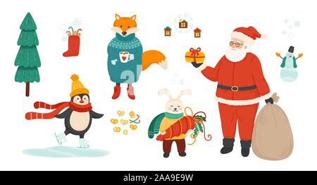 Winter holiday symbols bundle. Christmas celebration vector illustrations set. Santa Claus and cute animals isolated characters on white background. Stock Vector