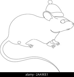 One line rat or mouse drawing. Symbol of the year. Cartoon mouse in Santa hat. Christmas card. Greeting card. Vector illustration Stock Vector