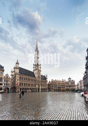 Panorama of the Market Square or Grand Place in Brussels in autumn rainy weather, Belgium Stock Photo