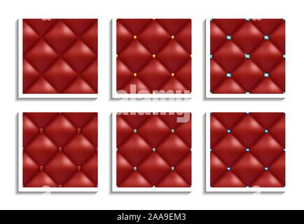 Seamless vector patterns of red leather upholstery with gold, silver, diamond buttons. Luxury textures of vintage furniture Stock Vector
