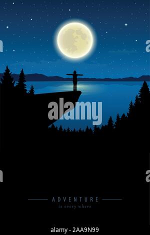 girl with raised arm on a cliff enjoy the full moon by lake vector illustration EPS10 Stock Vector