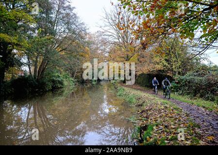 Two cyclists riding on the towpath by the River Wey navigation canal Byfleet on a colourful autumnal day Surrey England UK Stock Photo