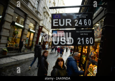 November 18, 2019, Prague, Czech Republic: An exchange sign with Euro and American dollar rate is seen in the old town..Prague the capital city of the Czech Republic and one of the top European Tourist destinations is known for the Old Town Square with baroque buildings, Gothic churches and the world known medieval Astronomical Clock and the pedestrian Charles Bridge decorated with statues of Catholic saints. (Credit Image: © Omar Marques/SOPA Images via ZUMA Wire) Stock Photo