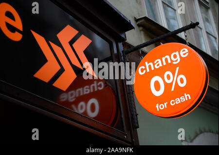 November 18, 2019, Prague, Czech Republic: A sign with 0 % currency exchange commission is seen in the old town..Prague the capital city of the Czech Republic and one of the top European Tourist destinations is known for the Old Town Square with baroque buildings, Gothic churches and the world known medieval Astronomical Clock and the pedestrian Charles Bridge decorated with statues of Catholic saints. (Credit Image: © Omar Marques/SOPA Images via ZUMA Wire) Stock Photo