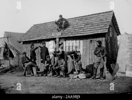 Civil War; Winter quarters; soldiers in front of their wooden hut, 'Pine Cottage.' Stock Photo