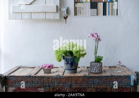 Various flowers on a rustic highboy in front of a white wall with small bookshelf with shutter Stock Photo