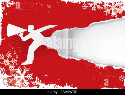 Man with megaphone on grunge style red paper background with snowflakes.  Illustration suitable for original winter flyer or banner. Vector available. Stock Vector
