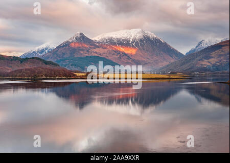 North West Scotland landscape - Loch Leven in the Scottish Highlands looking towards the Pap of Glen Coe and Glencoe village from Ballachulish Stock Photo