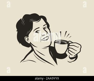 Happy young woman holding a cup of fresh coffee. Retro vector illustration Stock Vector