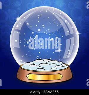Snow Globe With Falling Snow. Empty Glass Sphere Dome. Big transparent globe ball on stand with glares and highlights. Winter christmas background for Stock Vector