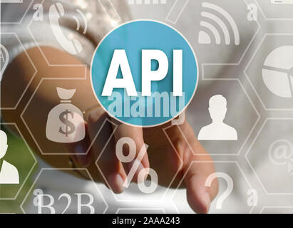 Businesswoman pushes a button API, Application Programming Interface on the touch screen Stock Photo