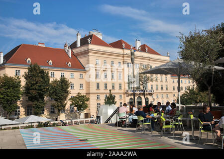 Vienna, Austria - September 17, 2019: Museumsquartier or MQ or Museums Quartier is area in centre. Museumsquartier is home to range of installations f Stock Photo