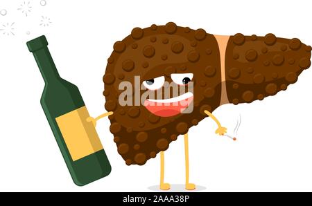 Sick unhealthy ill drunk liver character hold in hand alcohol bottle and cigarette. Human exocrine gland organ destruction concept. Vector destruction addiction injury hepatic illustration Stock Vector