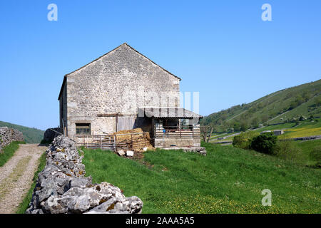 Stone built cow shed in Yorkshire dales, UK. Showing straw, stone walls & metal gates. Stock Photo