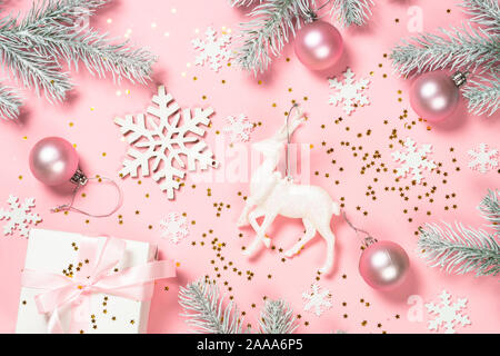 Christmas pink flat lay background. Stock Photo
